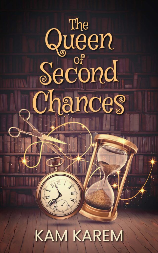book cover for The Queen of Second Chances with watch, hour glass and scissors snipping thread
